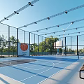 Outdoor Basketball Court With Blue Surface White Lines Hoops Fencing Lights Benches And Green Trees