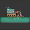 Colorful Toy Play Structure With Wooden Platform Rope Net And Colorful Decorations On Turquoise Base