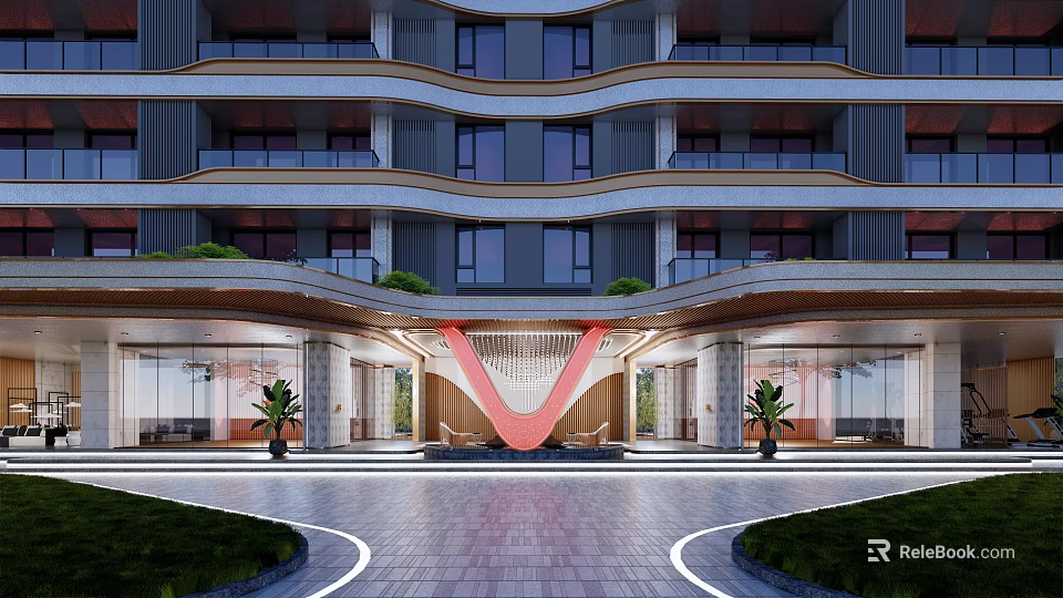 Modern High Rise Building Entrance With Red V Shape Accent Green Plants And Stone Pathway 3d model 
