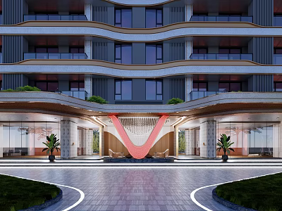 Modern High Rise Building Entrance With Red V Shape Accent Green Plants And Stone Pathway 3d model