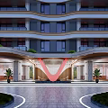 Modern High Rise Building Entrance With Red V Shape Accent Green Plants And Stone Pathway
