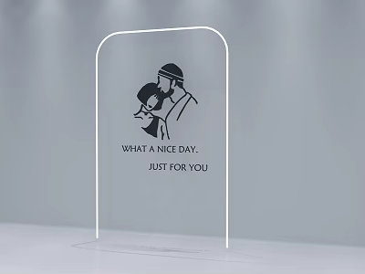 Background Wall With Transparent Curved Structure And Black Line Art Person Holding Cat Design 3d model
