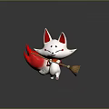 Cute 3D White Fox Game or Movie Character with Red Ears Cheek Marks Holding Broom
