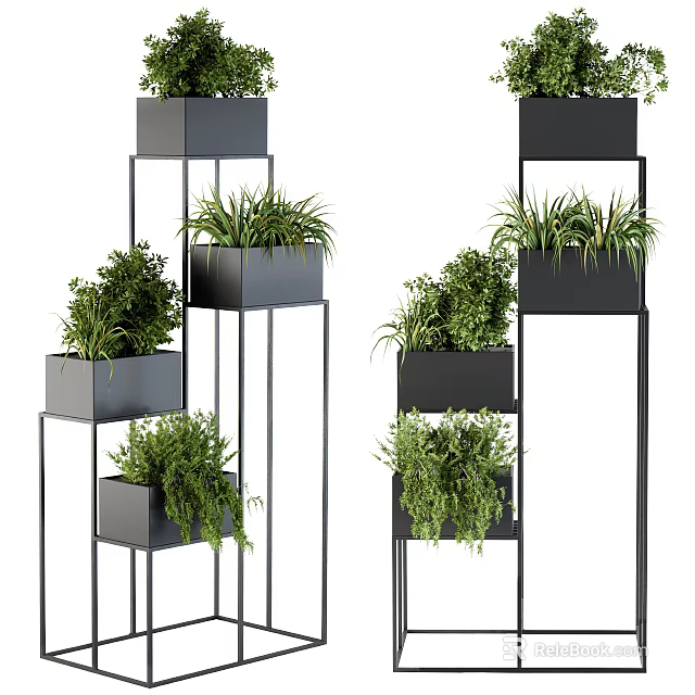 Modern Multi tiered Garden Plant Stands With Green Potted Plants And Metal Frames 3d model 