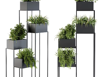 Modern Multi tiered Garden Plant Stands With Green Potted Plants And Metal Frames 3d model