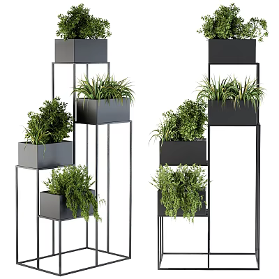 Modern Multi tiered Garden Plant Stands With Green Potted Plants And Metal Frames 3d model
