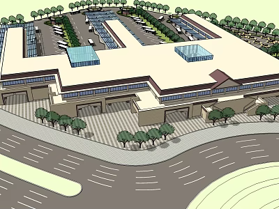 Modern Commercial Building Exterior Design With Parking Area Trees And Entrances 3d model