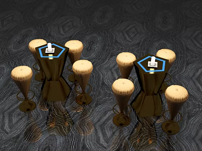 Modern Dark Metallic Table And Chair Set With Blue Tops And Light Colored High Stools 3d model