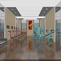 Modern Gym Interior With Treadmills Fitness Equipment Wooden Floors And Red Decorative Painting