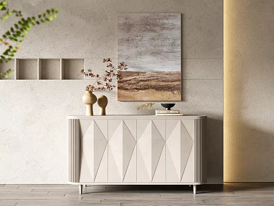 Minimalist Entryway Console Cabinet With Geometric Pattern Vases Decorative Items And Wall Art 3d model