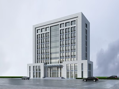 Modern Office Building Exterior Design With Glass Curtain Wall And Parking Lot 3d model
