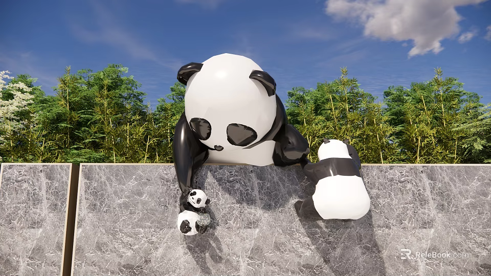 Black and White Panda Landscape Sculpture Leaning on Stone Wall with Green Trees Blue Sky 3d model 