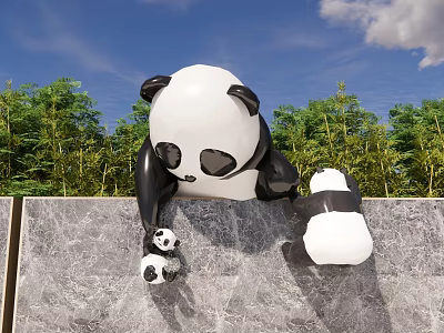 Black and White Panda Landscape Sculpture Leaning on Stone Wall with Green Trees Blue Sky 3d model