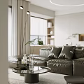 Minimalist Open Concept Living and Dining Room With Gray Sofa Green Plant And White Walls