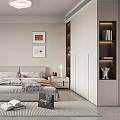 Modern Bedroom Interior With Bedside Tables Window Rug Wardrobe Decorative Paintings And Bookshelf Lighting