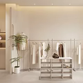 Modern Clothing Store With White Dresses On Racks Green Plant Small Table Bag And Shoes