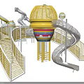 Fun Playground Equipment With Yellow Main Structure Colorful Stripes Netted Fences And Spiral Slide