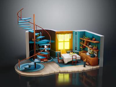Cartoon Interior Scene With Blue Spiral Staircase Yellow Window Table Chairs And Shelves 3d model
