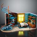 Cartoon Interior Scene With Blue Spiral Staircase Yellow Window Table Chairs And Shelves