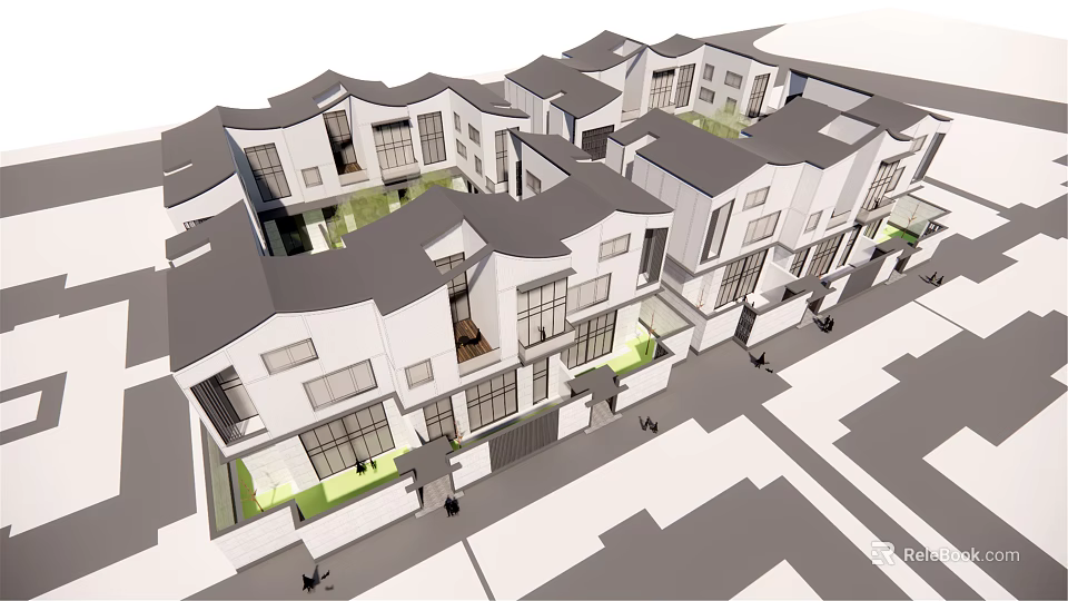 Modern Semi detached Villas with White Exteriors Gray Roofs and Green Courtyards 3d model 