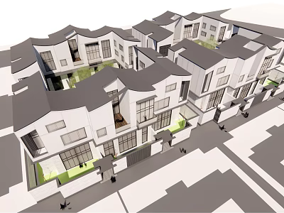 Modern Semi detached Villas with White Exteriors Gray Roofs and Green Courtyards 3d model