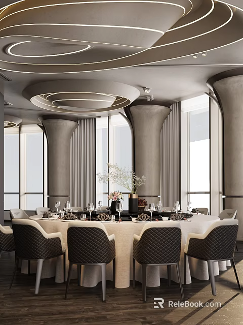 Modern Private Dining Room With Round Table Wine Glasses Flower Vase And Large Windows 3d model 