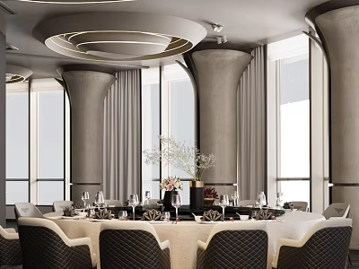 Modern Private Dining Room With Round Table Wine Glasses Flower Vase And Large Windows 3d model