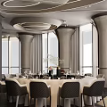 Modern Private Dining Room With Round Table Wine Glasses Flower Vase And Large Windows
