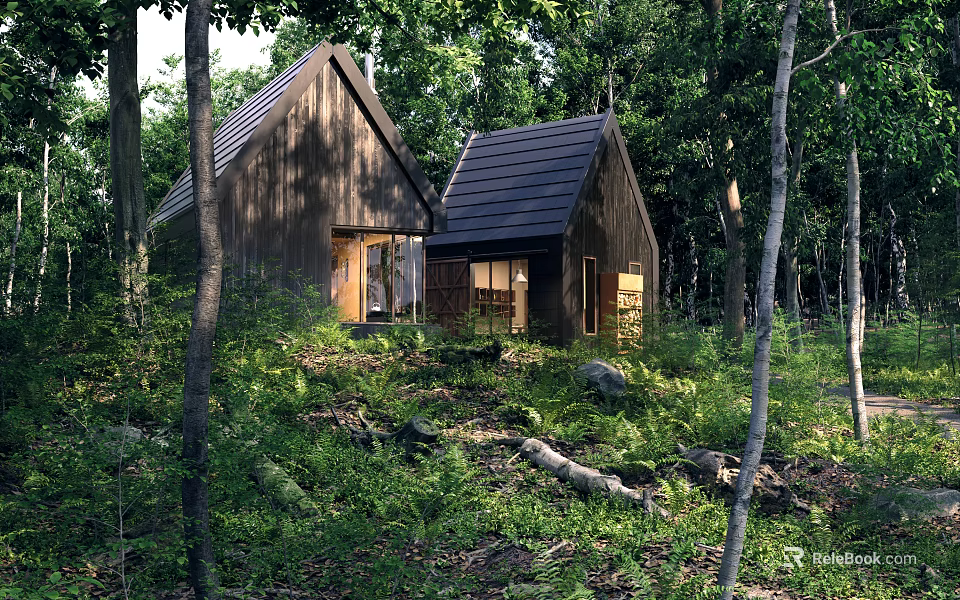 Charming Detached Villa in Lush Woods with Wooden Structure and Dark Roof 3d model 