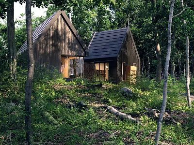 Charming Detached Villa in Lush Woods with Wooden Structure and Dark Roof 3d model