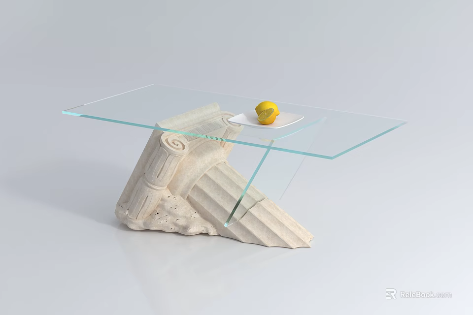 Stylish Glass Top Coffee Table With Antique White Column Base And Yellow Fruit On Plate 3d model 