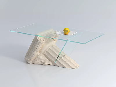 Stylish Glass Top Coffee Table With Antique White Column Base And Yellow Fruit On Plate 3d model