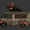 Vintage Ice Cream Truck With Rusty Exterior And Red Cone On Top