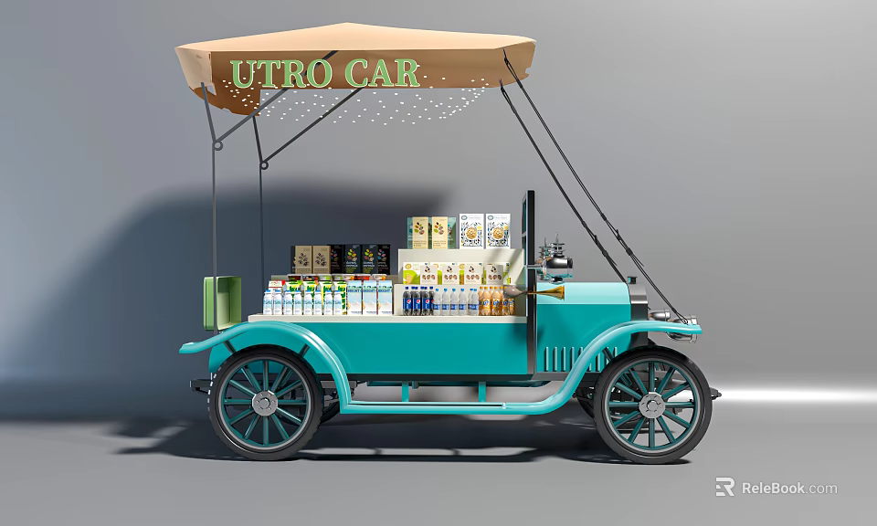 Vintage Blue UTRO Car With Canopy Loaded With Various Drinks And Snacks 3d model 