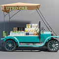Vintage Blue UTRO Car With Canopy Loaded With Various Drinks And Snacks