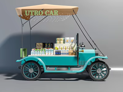 Vintage Blue UTRO Car With Canopy Loaded With Various Drinks And Snacks 3d model