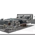 Modern Double Bed With Cozy Pillows Blanket Stuffed Toys And Nightstand On Rug