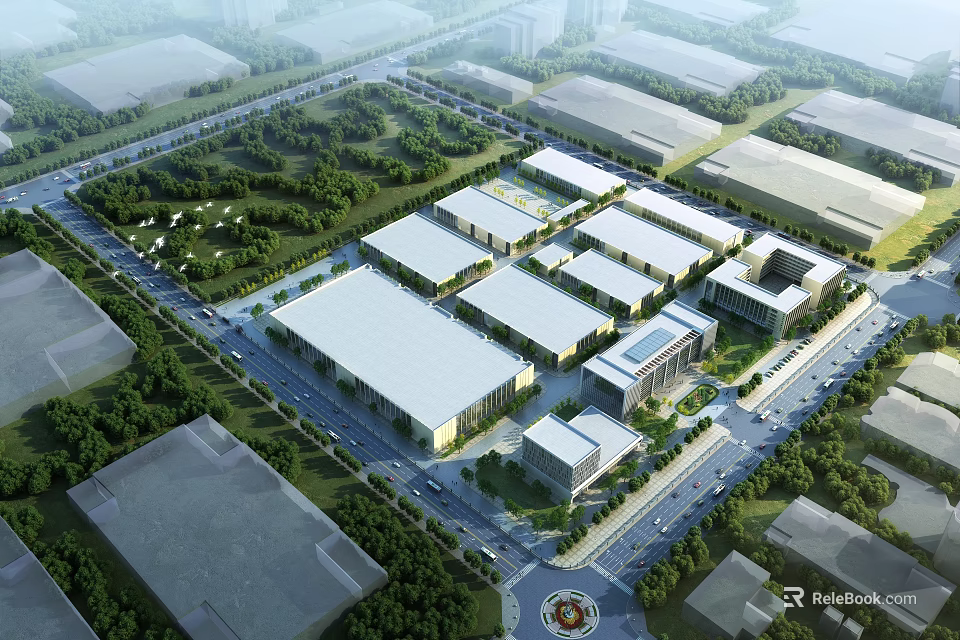 Aerial View Of Modern Industrial Factory Complex With Greenery And Roads 3d model 