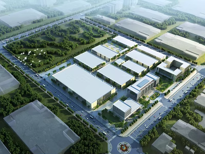 Aerial View Of Modern Industrial Factory Complex With Greenery And Roads 3d model
