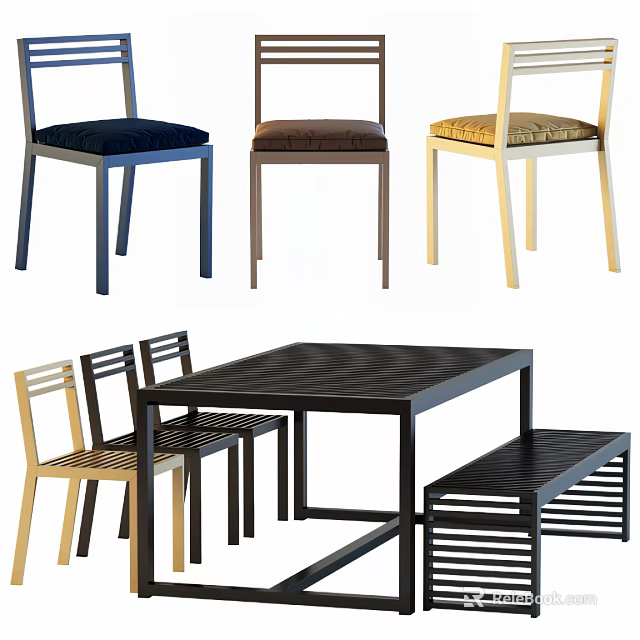 Dining Table and Chair Set with Multiple Colored Chairs and Black Wooden Bench 3d model 