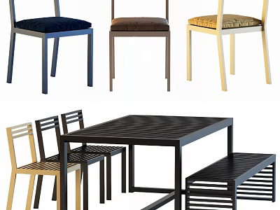 Dining Table and Chair Set with Multiple Colored Chairs and Black Wooden Bench 3d model