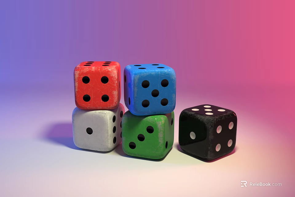 Vibrant Multicolored Dice Stacked On Gradient Purple Pink Background 3d model 