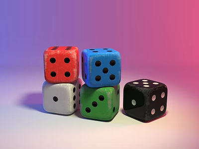 Vibrant Multicolored Dice Stacked On Gradient Purple Pink Background 3d model