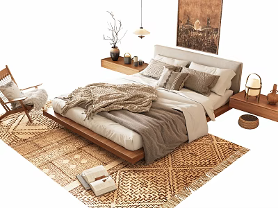 Cozy Double Bed Setup With Wooden Nightstand Woven Rug And Decorative Painting 3d model