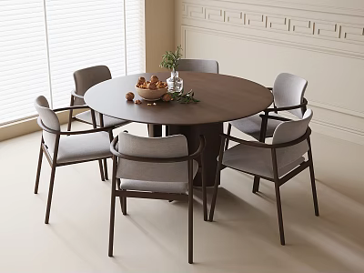 Round Dark Wooden Dining Table And Six Gray Chairs Set With Green Plants 3d model