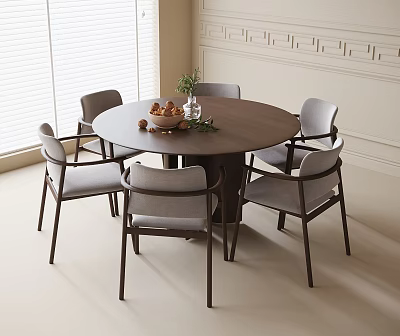 Round Dark Wooden Dining Table And Six Gray Chairs Set With Green Plants 3d model