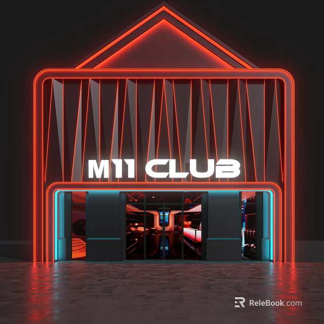 MY1 CLUB Bar Exterior With Red Neon Lights Geometric Lines And Entrance Lighting Effects 3d model 
