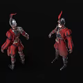 Three Angles of Warrior Character in Red and Silver Armor with Red Feather Helmet Render