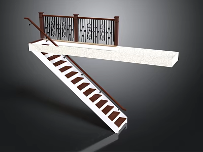 Modern Staircase Design With White Steps Dark Wooden Handrail And Ornate Railing 3d model