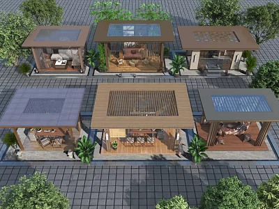 Outdoor Garden Pavilions Design With Roofs Green Plants Gray Tile Flooring And Tables Chairs 3d model